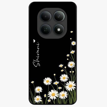 Daisy Cascade Custom Name Glass Case showing flat back view with cascading daisy flowers and personalized name design.