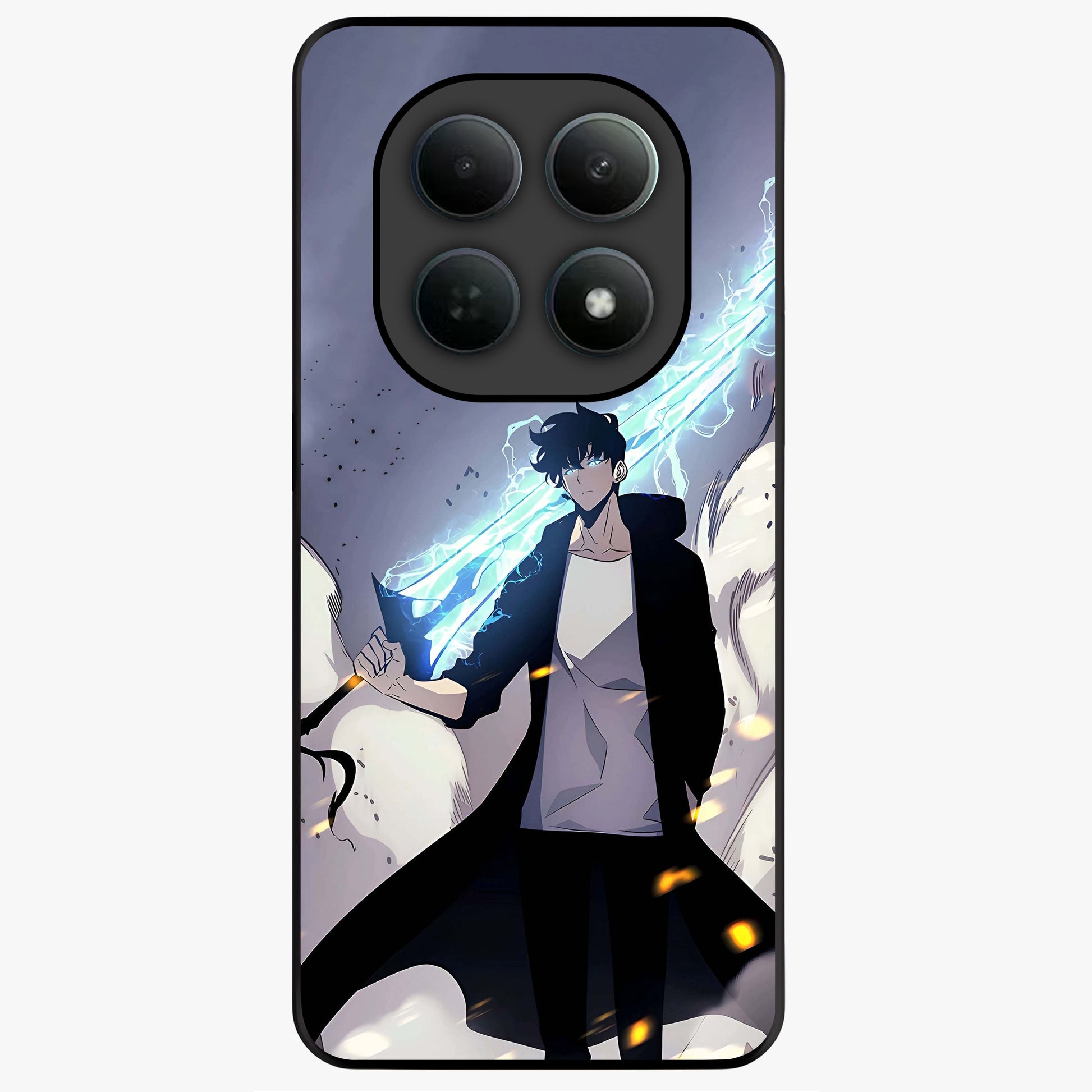 Dark Lightning Anime Warrior Glass Case showing flat back view with intense anime warrior artwork and glossy glass finish.