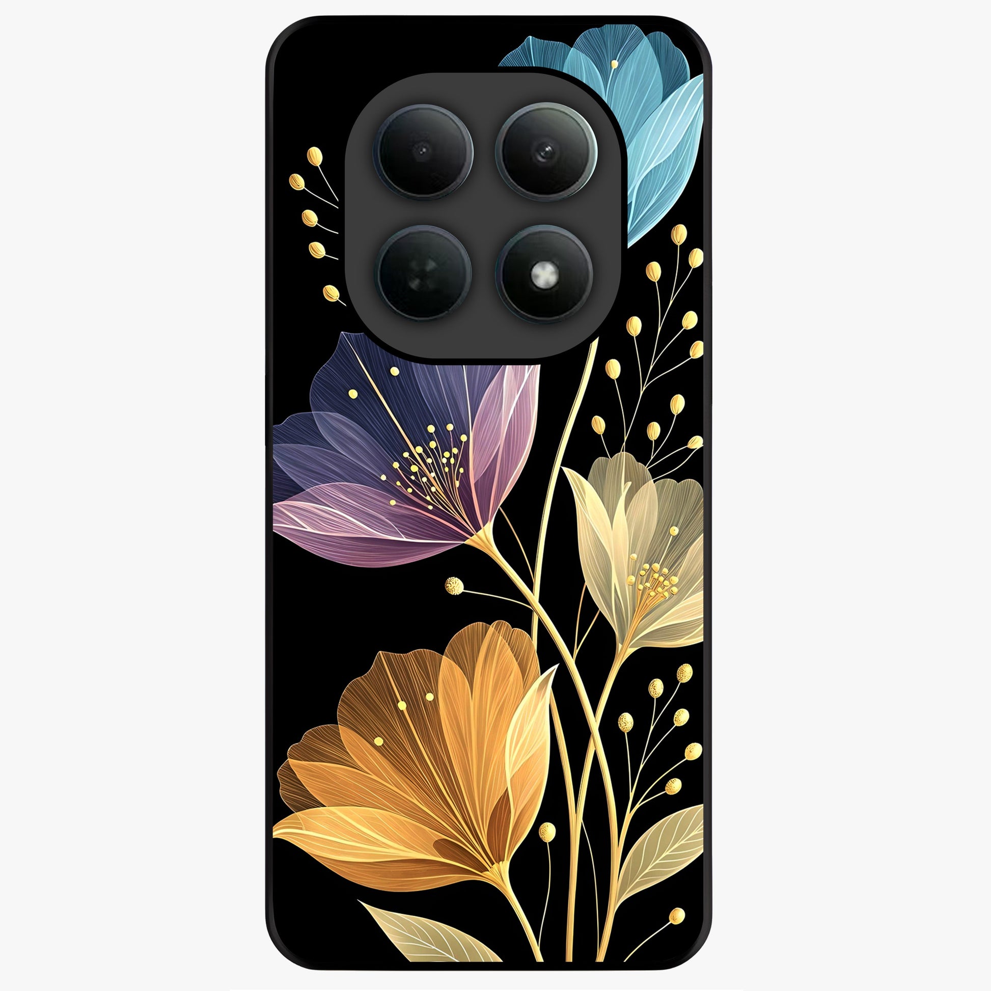 Delicate Multicolor Flowers Glass Case showing flat back view with vibrant floral artwork and glossy glass finish.