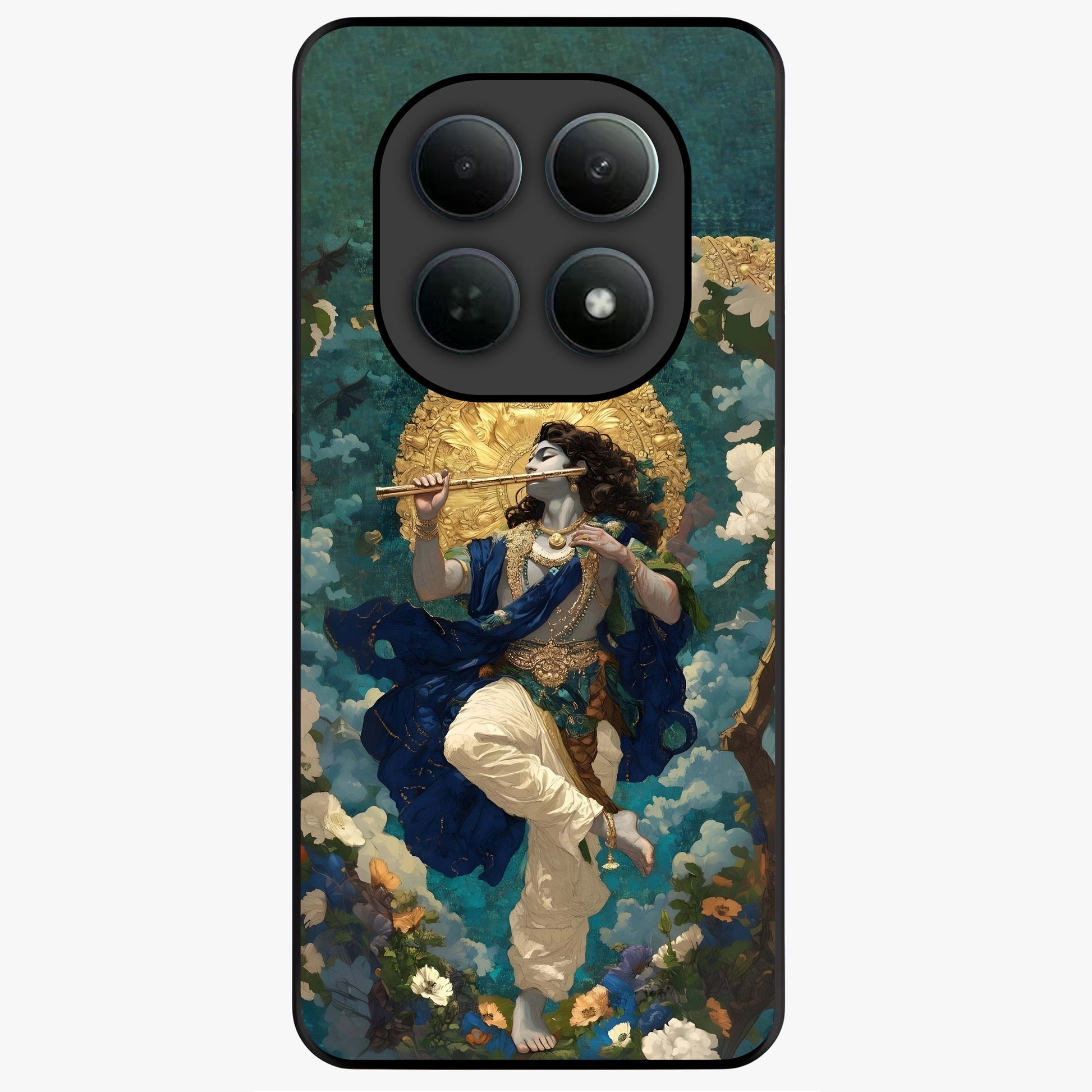Divine Krishna Art Glass Case showing flat back view with Lord Krishna artwork and glossy glass finish.