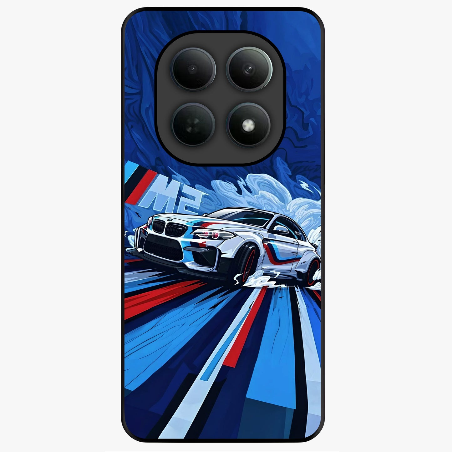 Drift Power Rush Glass Case showing flat back view with dynamic racing inspired artwork and glossy glass finish.