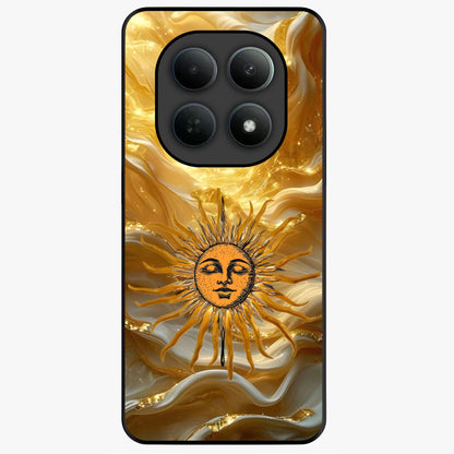 Eternal Golden Glow Glass Case showing flat back view with radiant golden themed artwork and glossy glass finish.
