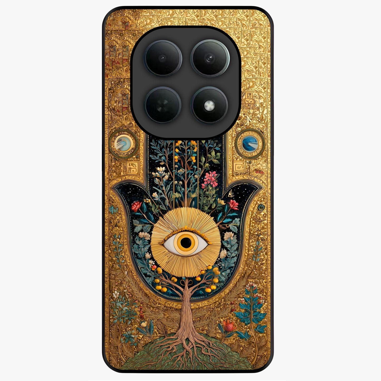 Ethereal Evil Eye Glass Case showing flat back view with mystical evil eye artwork and glossy glass finish.