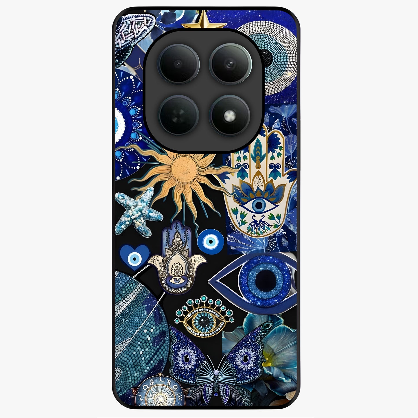 Evil Eye Charm Mix Glass Case showing flat back view with multiple evil eye charms artwork and glossy glass finish.