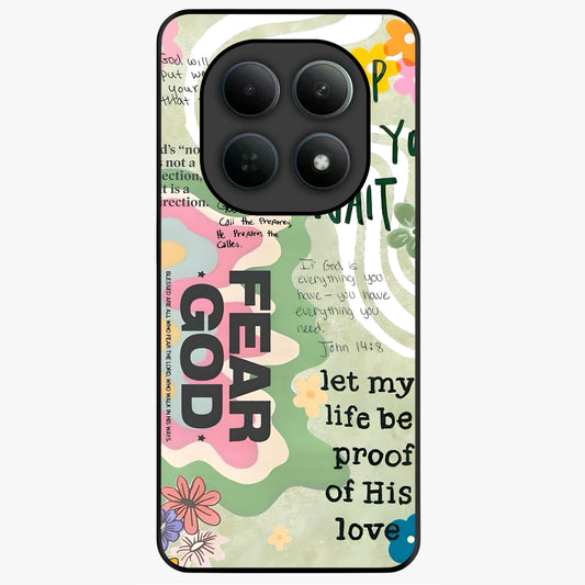 Faith Over Fear Glass Case showing flat back view with motivational typography artwork and glossy glass finish.
