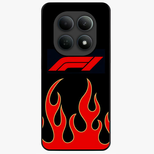 Fire F11 Glass Case showing flat back view with fiery themed artwork and glossy glass finish.