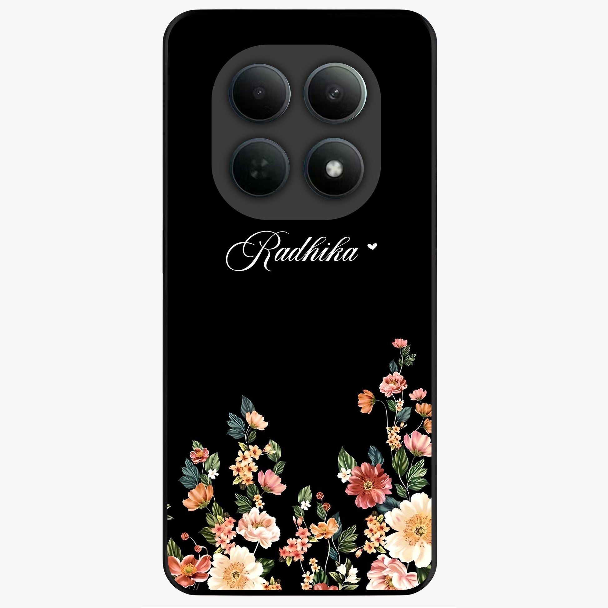 Floral Design With a Custom Personalized Name Glass Case showing flat back view with floral artwork and personalized name design.