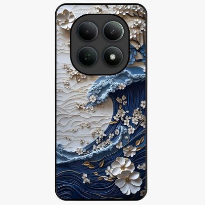Floral Wave Origami Glass Case showing flat back view with origami inspired floral wave artwork and glossy glass finish.