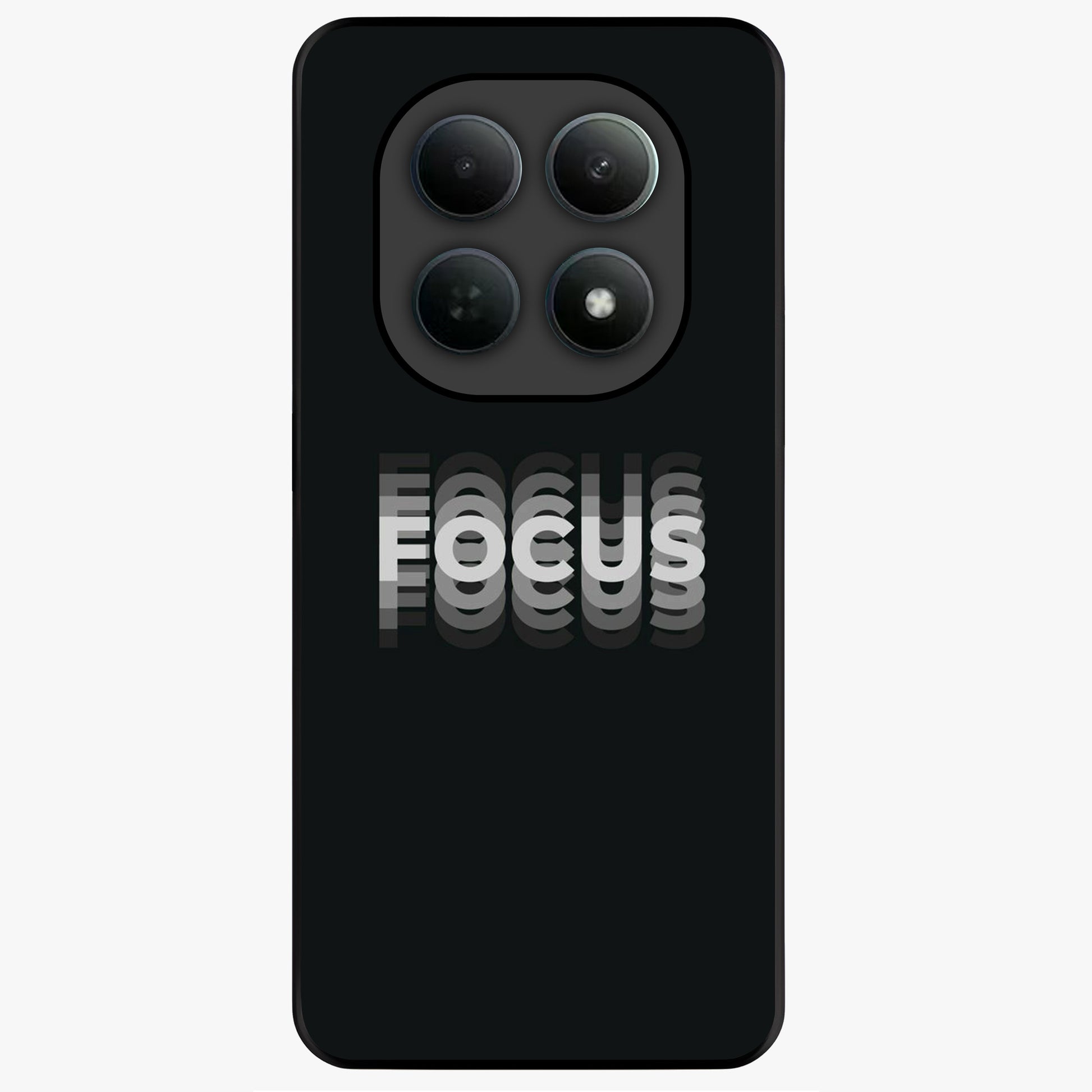 Focus Mode On Glass Case showing flat back view with bold motivational typography design and glossy glass finish.