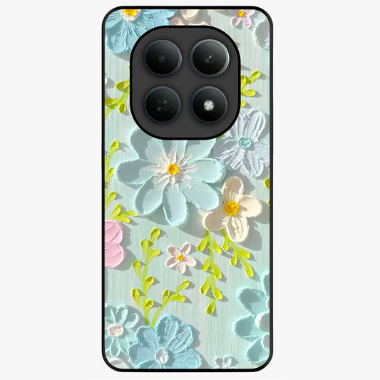 Frosted Petal Garden Glass Case showing flat back view with soft frosted floral artwork and glossy glass finish.