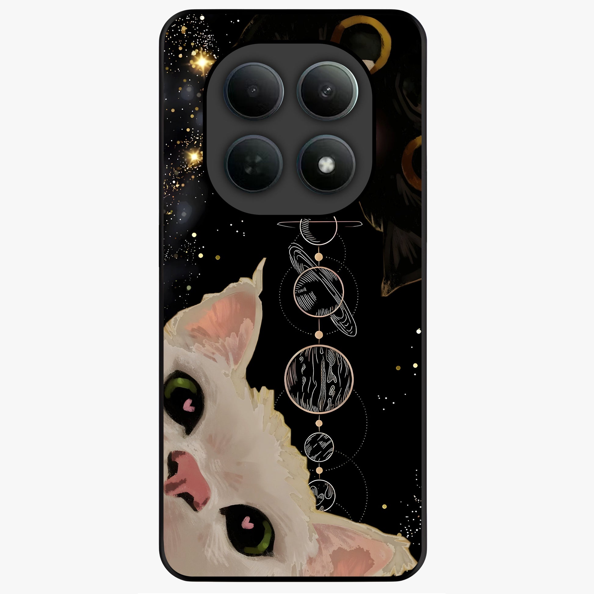 Galactic Cat Glass Case showing flat back view with cosmic cat artwork and glossy glass finish.