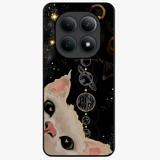 Galactic Cat Glass Case showing flat back view with cosmic cat artwork and glossy glass finish.