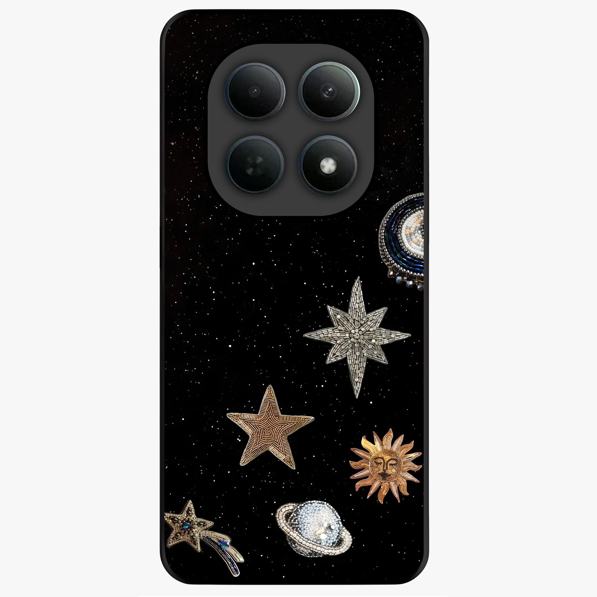 Galactic Charm Glow Glass Case showing flat back view with glowing celestial charm artwork and glossy glass finish.