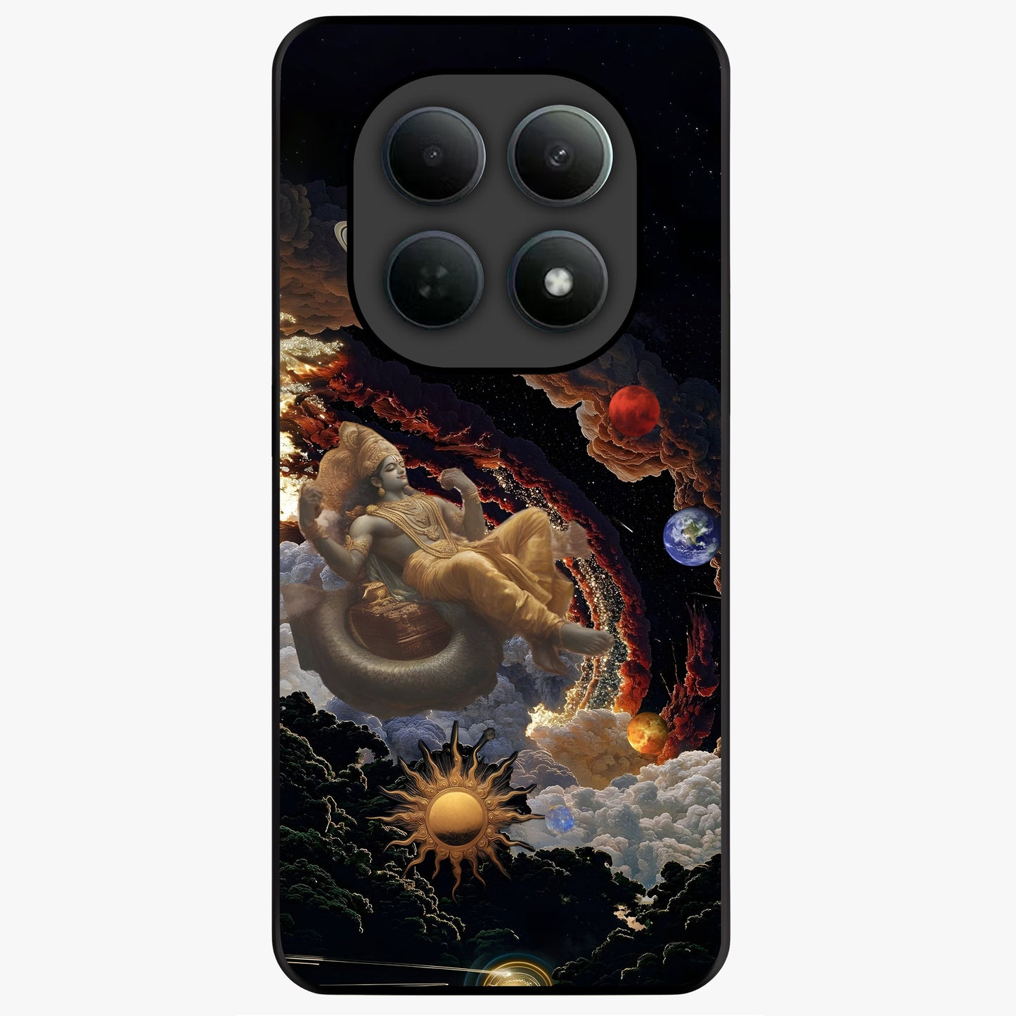 Galactic Divine God Glass Case showing flat back view with divine cosmic themed artwork and glossy glass finish.