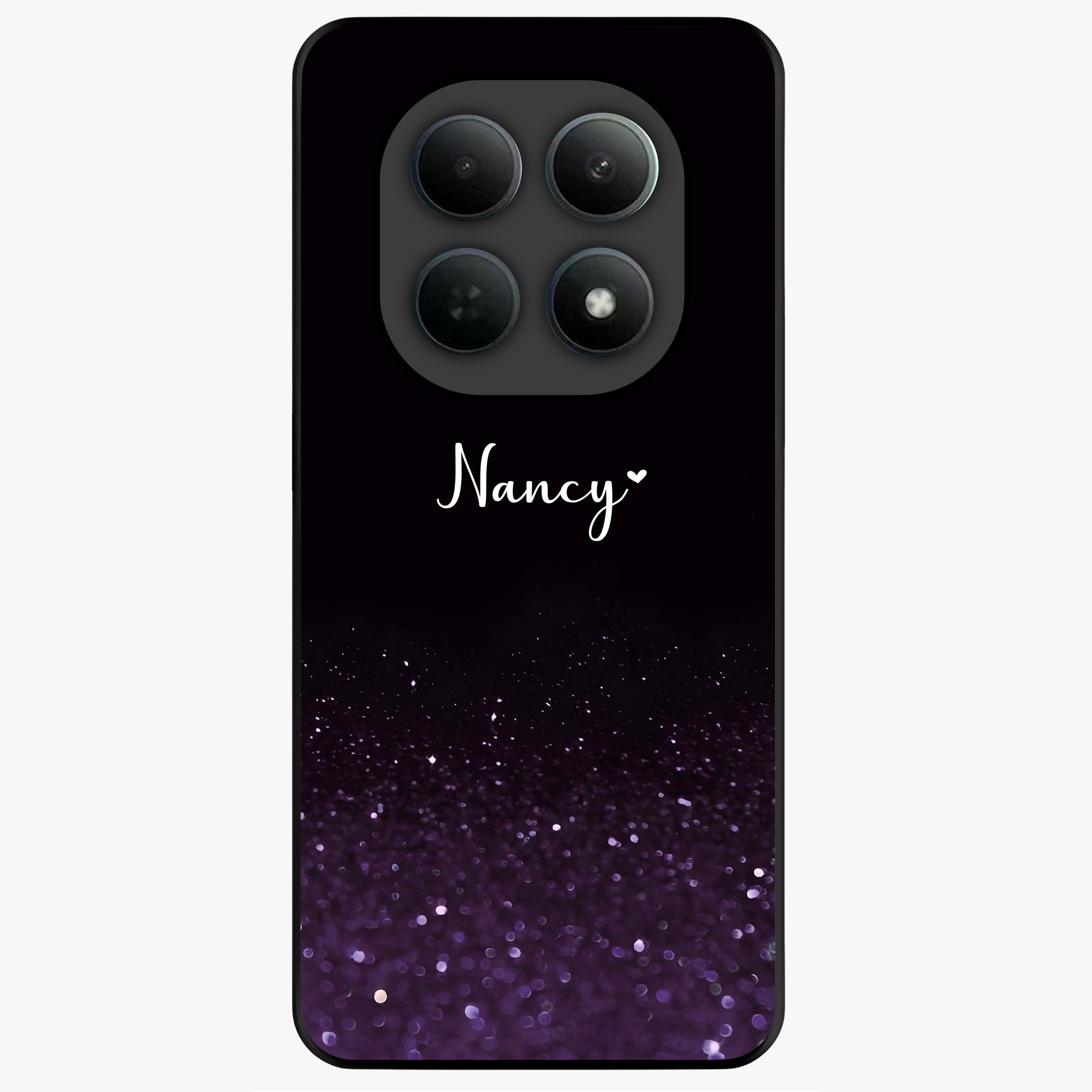 Glittery Purple Bokeh Custom Name Glass Case showing flat back view with purple bokeh sparkle artwork and personalized name design.