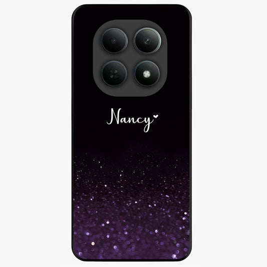 Glittery Purple Bokeh Custom Name Glass Case showing flat back view with purple bokeh sparkle artwork and personalized name design.