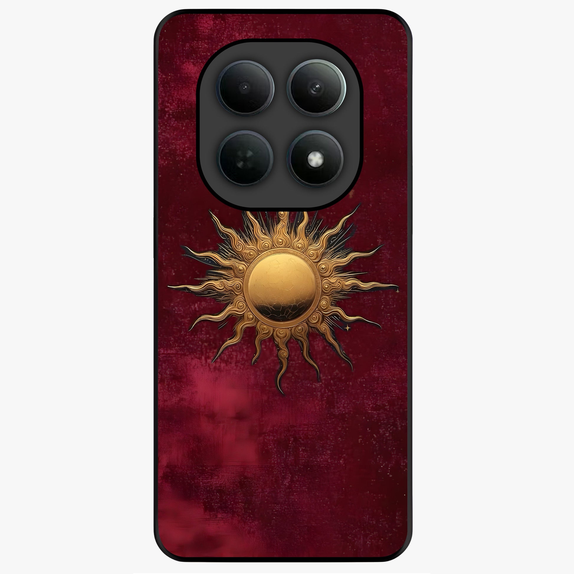 Gold Sun Blush Glass Case showing flat back view with golden sun inspired artwork and glossy glass finish.