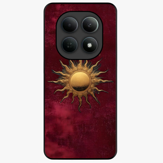 Gold Sun Blush Glass Case showing flat back view with golden sun inspired artwork and glossy glass finish.