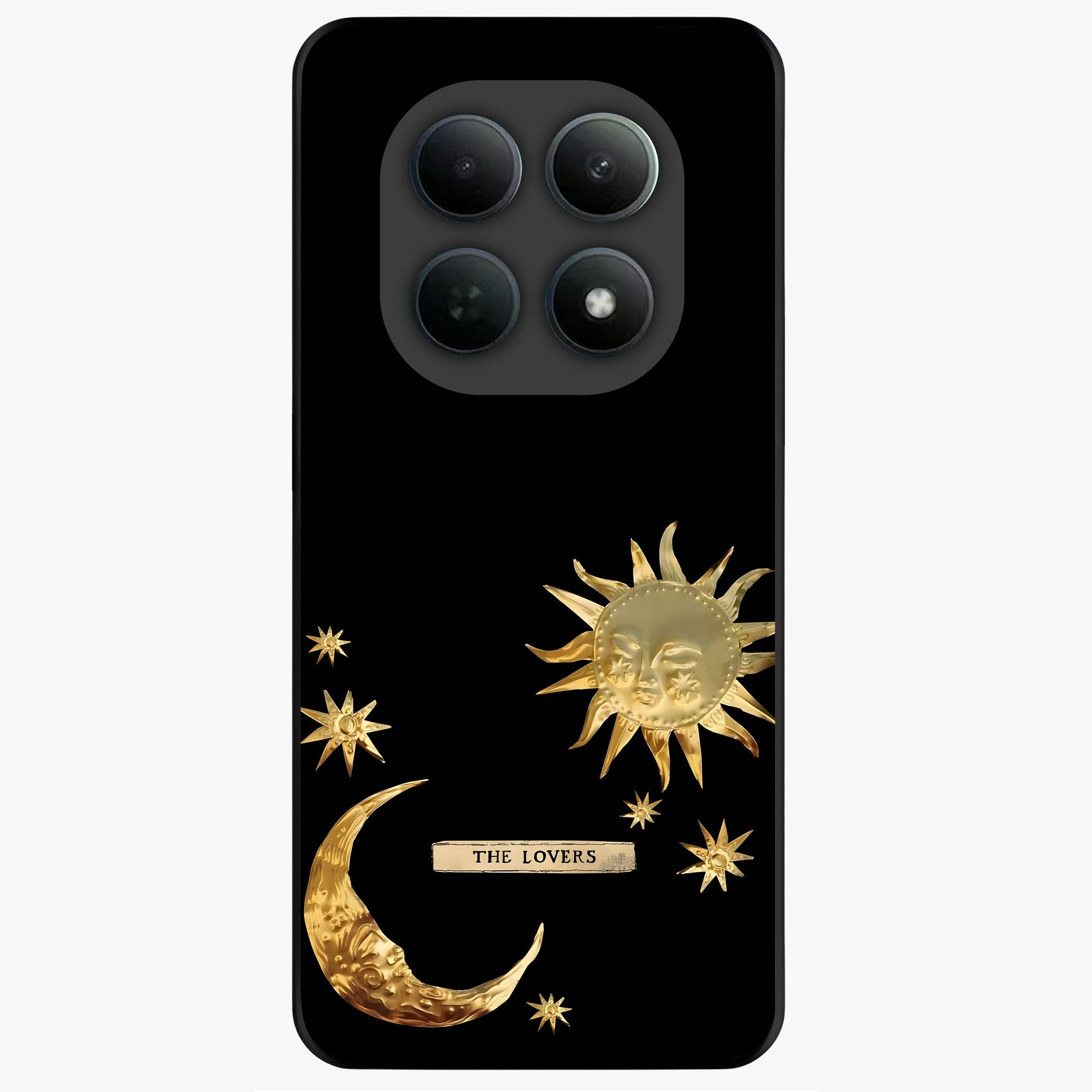 Golden Celestial Charm Glass Case showing flat back view with golden celestial charm artwork and glossy glass finish.