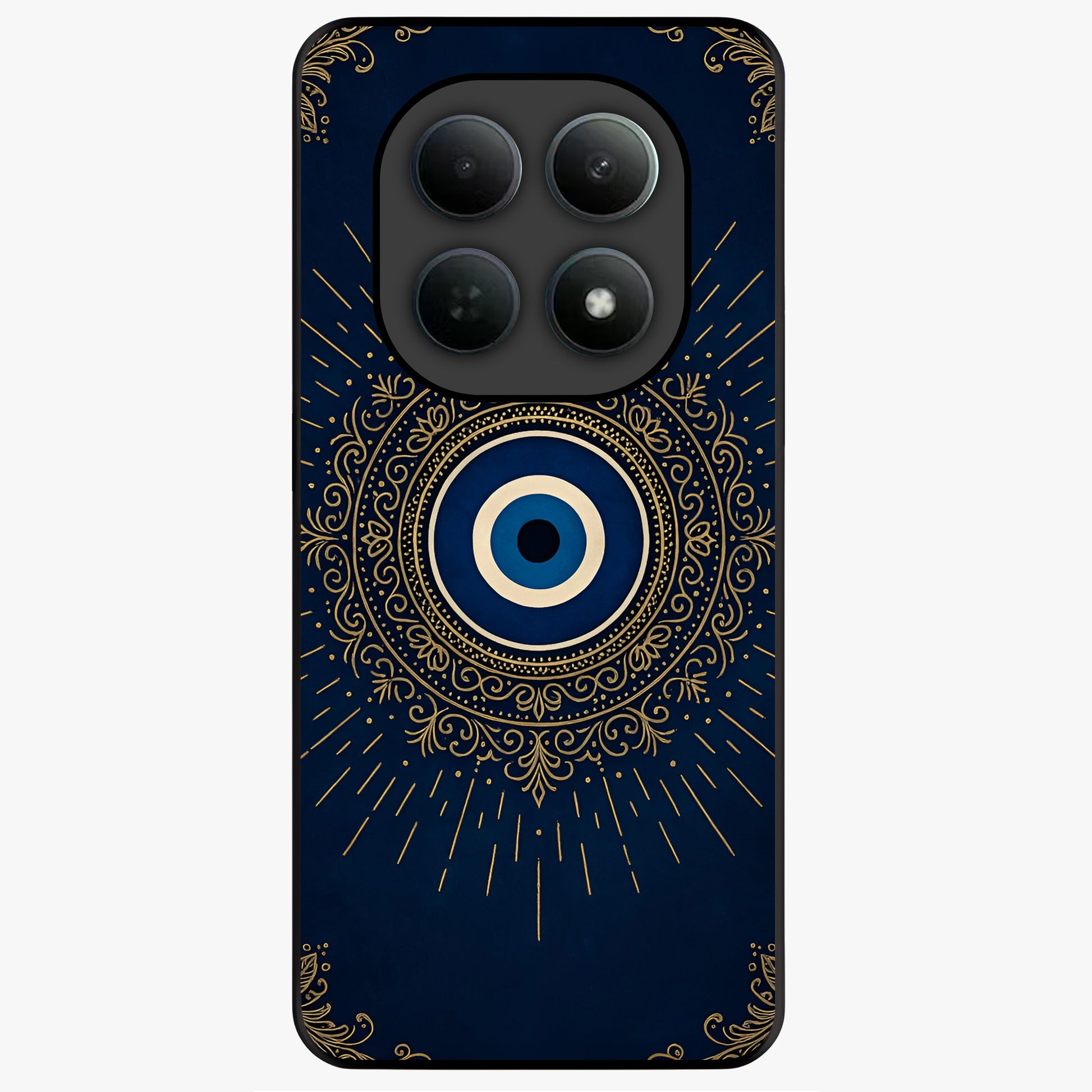 Golden Evil Eye Mandala Glass Case showing flat back view with intricate evil eye mandala artwork and glossy glass finish.