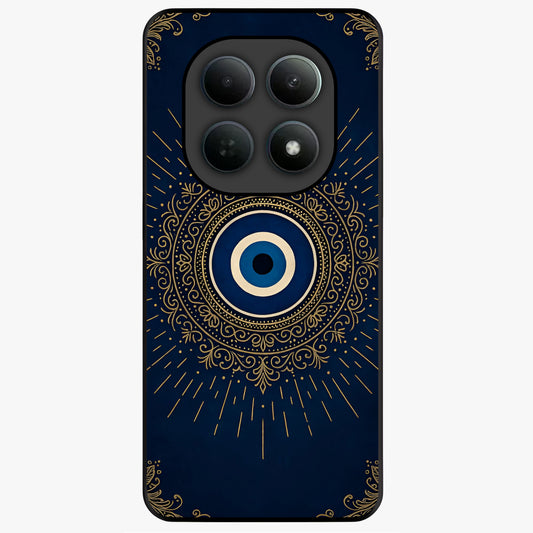 Golden Evil Eye Mandala Glass Case showing flat back view with intricate evil eye mandala artwork and glossy glass finish.