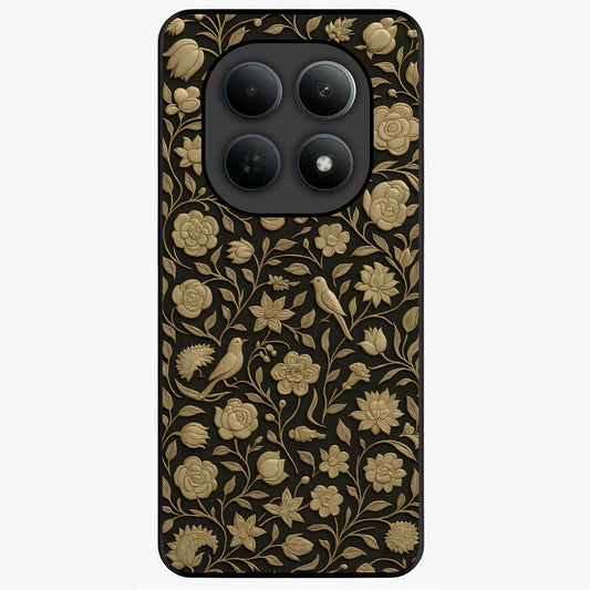Golden Floral Majesty Glass Case showing flat back view with luxurious golden floral artwork and glossy glass finish.