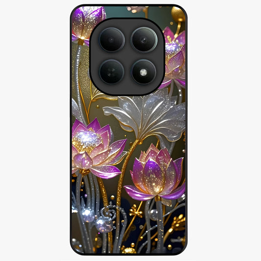 Golden Lotus Glow Glass Case showing flat back view with glowing lotus flower artwork and glossy glass finish.