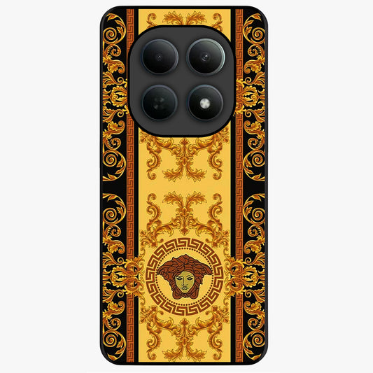 Golden Royal Heritage Glass Case showing flat back view with ornate royal pattern artwork and glossy glass finish.