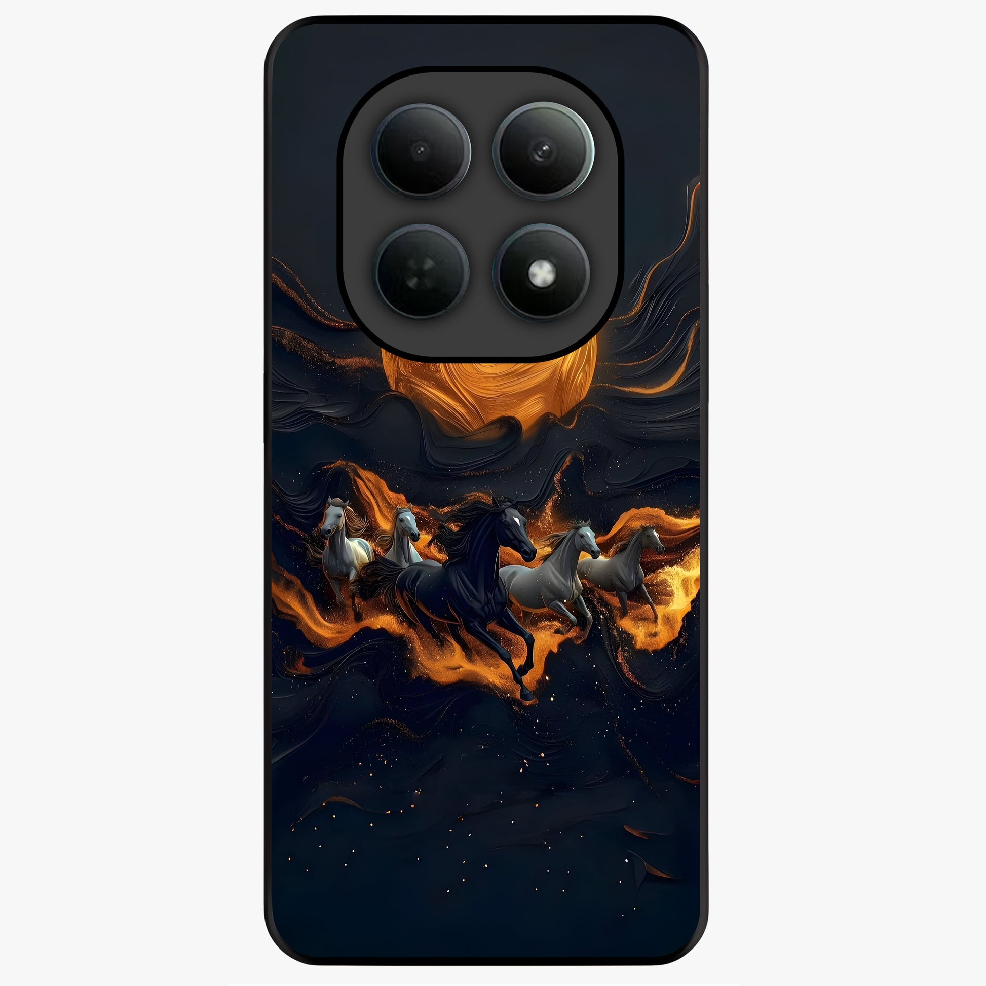Golden Stallion Moonride Glass Case showing flat back view with majestic horse under moonlight artwork and glossy glass finish.