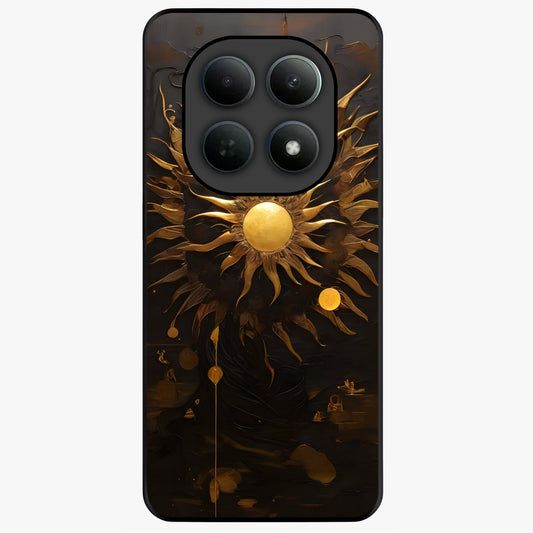 Golden Sun Majesty Glass Case showing flat back view with radiant golden sun artwork and glossy glass finish.