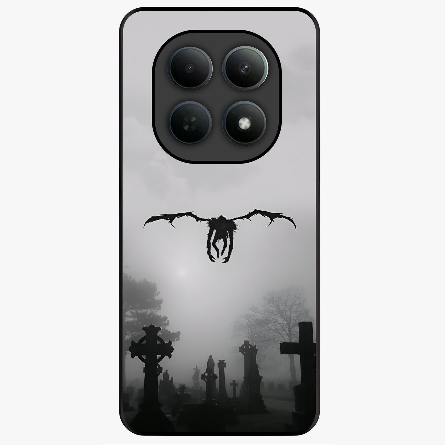 Graveyard Shadow Descent Glass Case showing flat back view with dark graveyard themed artwork and glossy glass finish.