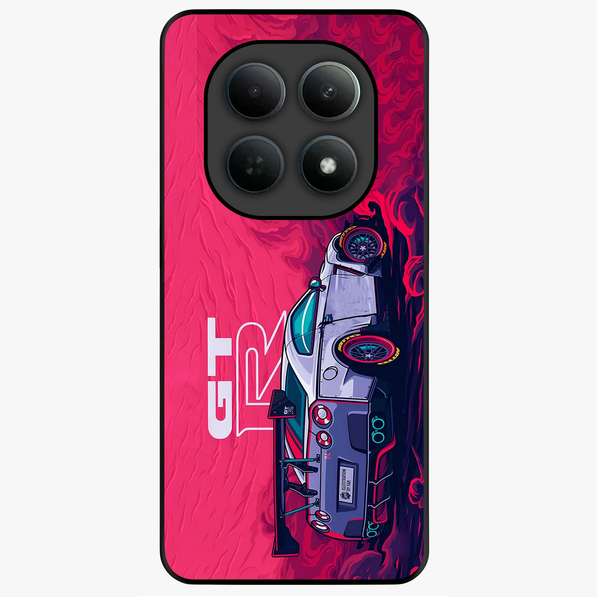 GT-R Car Pattern Glass Case showing flat back view with sporty car inspired pattern artwork and glossy glass finish.