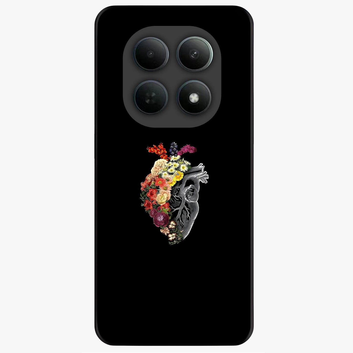 Heart With Flowers Glass Case showing flat back view with heart shaped floral artwork and glossy glass finish.