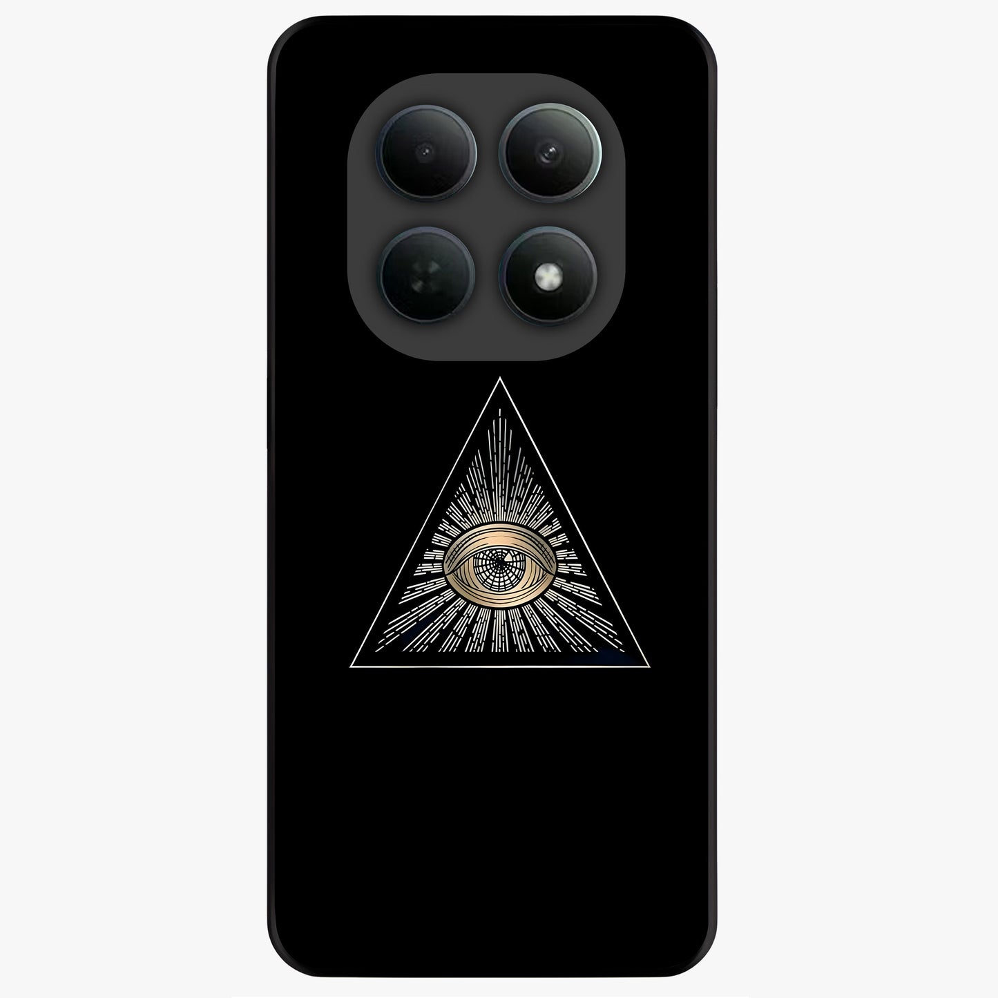 Illuminati Evil Glass Case showing flat back view with mysterious illuminati symbol artwork and glossy glass finish.