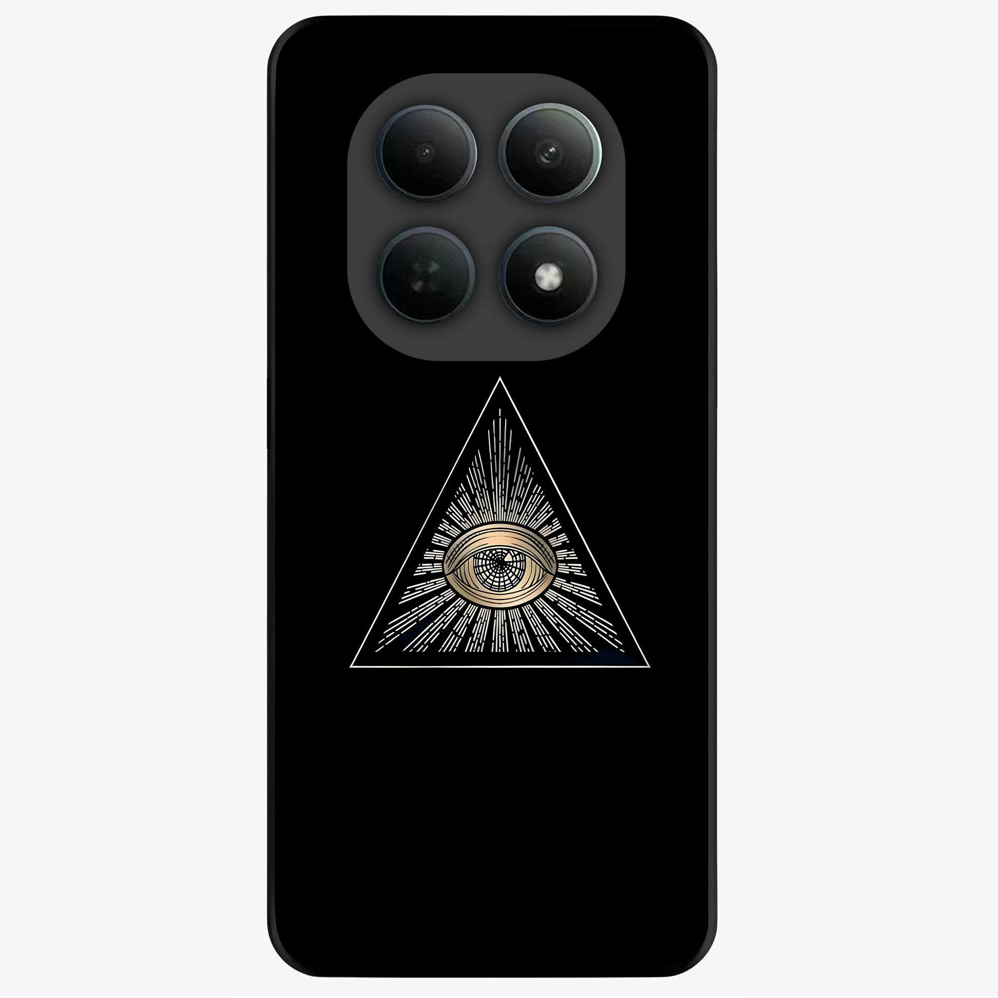 Illuminati Evil Glass Case showing flat back view with mysterious illuminati symbol artwork and glossy glass finish.