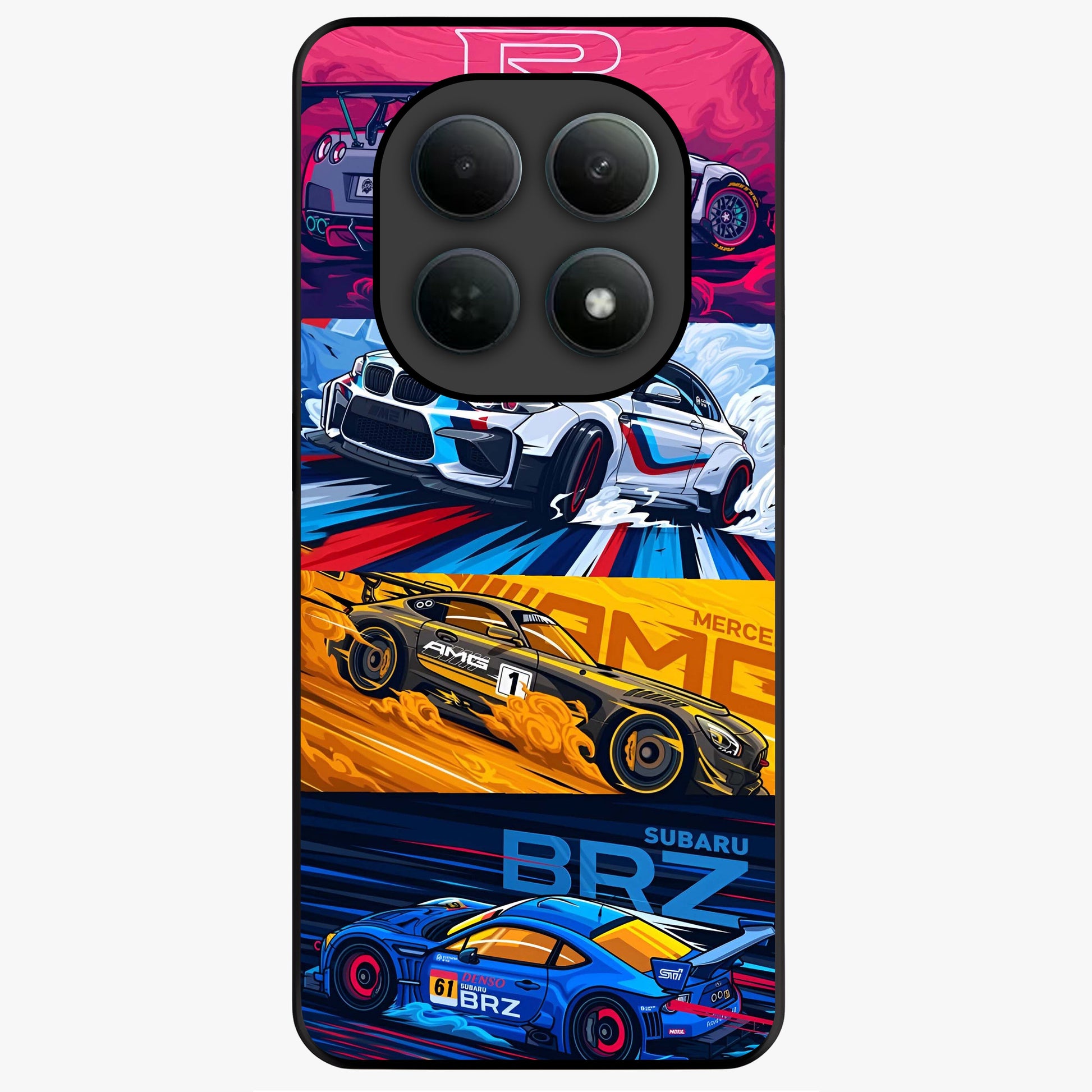 JDM Sports Car Glass Case showing flat back view with high performance sports car artwork and glossy glass finish.