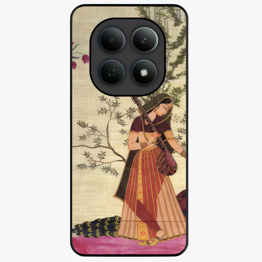 Lady With Veena Art Glass Case showing flat back view with elegant woman playing veena artwork and glossy glass finish.
