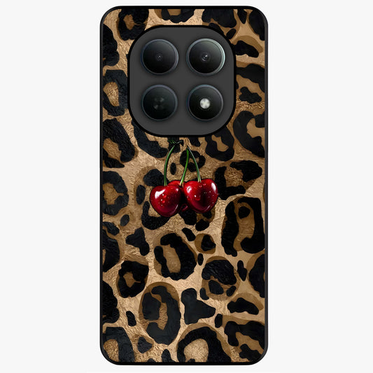 Leopard Wild Cherry Glass Case showing flat back view with leopard pattern and cherry artwork and glossy glass finish.