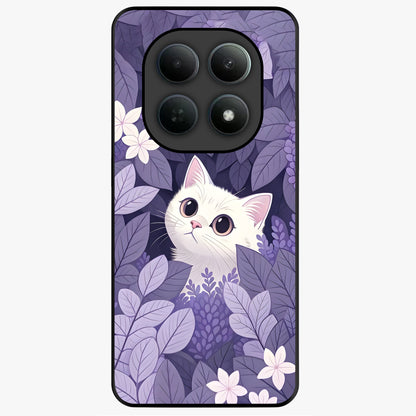 Lilac Hide Peek Cat Glass Case showing flat back view with cute peeking cat artwork and glossy glass finish.
