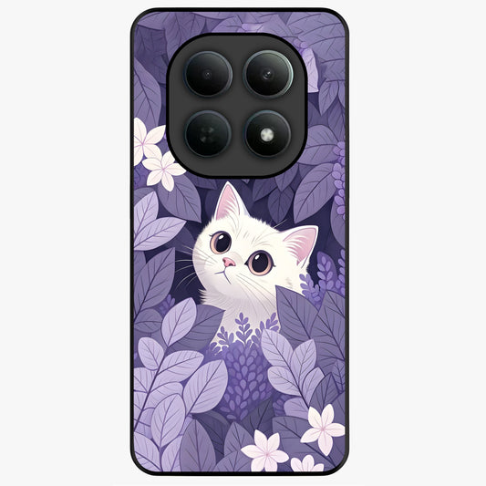 Lilac Hide Peek Cat Glass Case showing flat back view with cute peeking cat artwork and glossy glass finish.