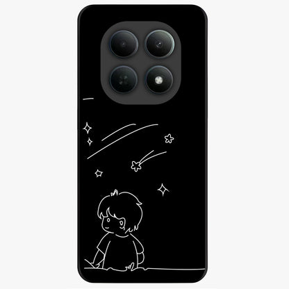 Line Art Boy With Shooting Stars Glass Case showing flat back view with minimal line art boy and shooting stars illustration and glossy glass finish.