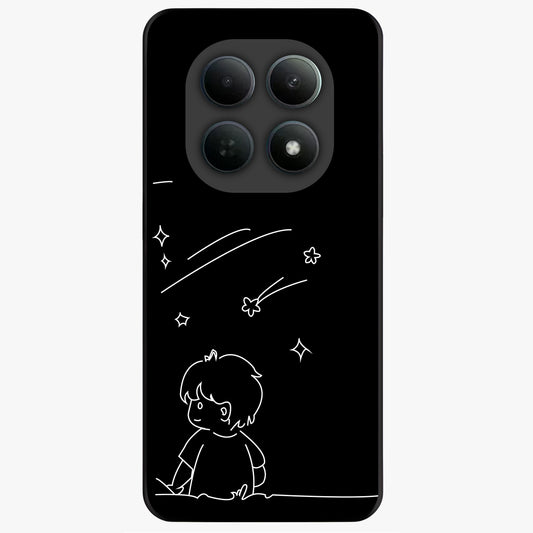 Line Art Boy With Shooting Stars Glass Case showing flat back view with minimal line art boy and shooting stars illustration and glossy glass finish.