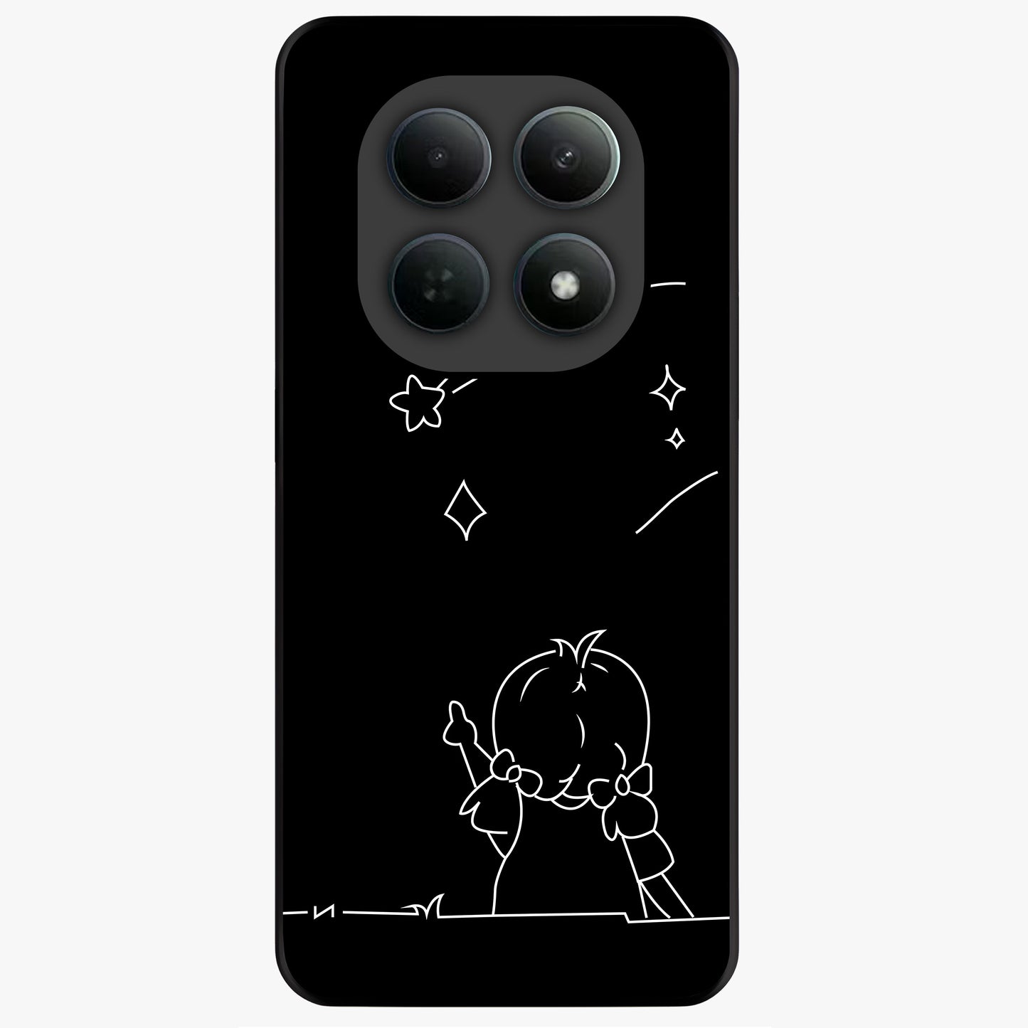 Line Art Girl With Shooting Stars Glass Case showing flat back view with minimal line art girl and shooting stars illustration and glossy glass finish.