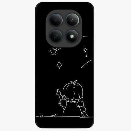 Line Art Girl With Shooting Stars Glass Case showing flat back view with minimal line art girl and shooting stars illustration and glossy glass finish.