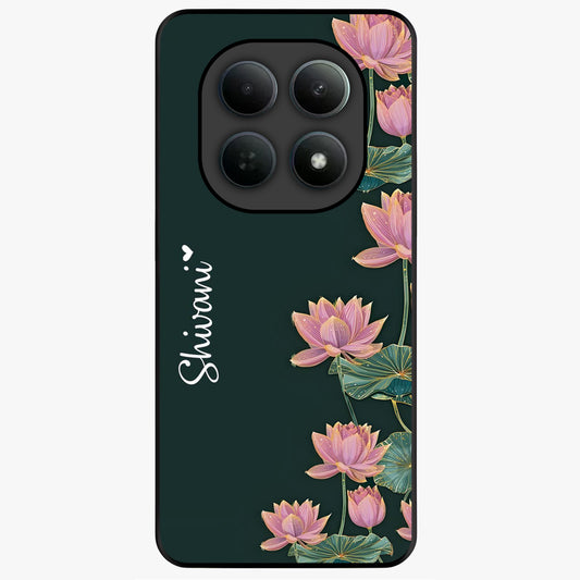 Lotus Bloom Serenity Custom Name Glass Case showing flat back view with elegant lotus flower artwork and personalized name design.