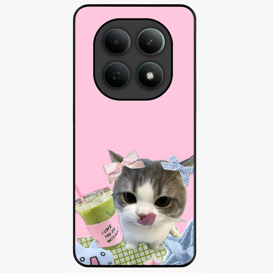 Love Matcha Cat Glass Case showing flat back view with cute cat and matcha themed artwork and glossy glass finish.