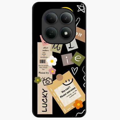 Lucky Aesthetic Collage Glass Case showing flat back view with trendy aesthetic collage artwork and glossy glass finish.