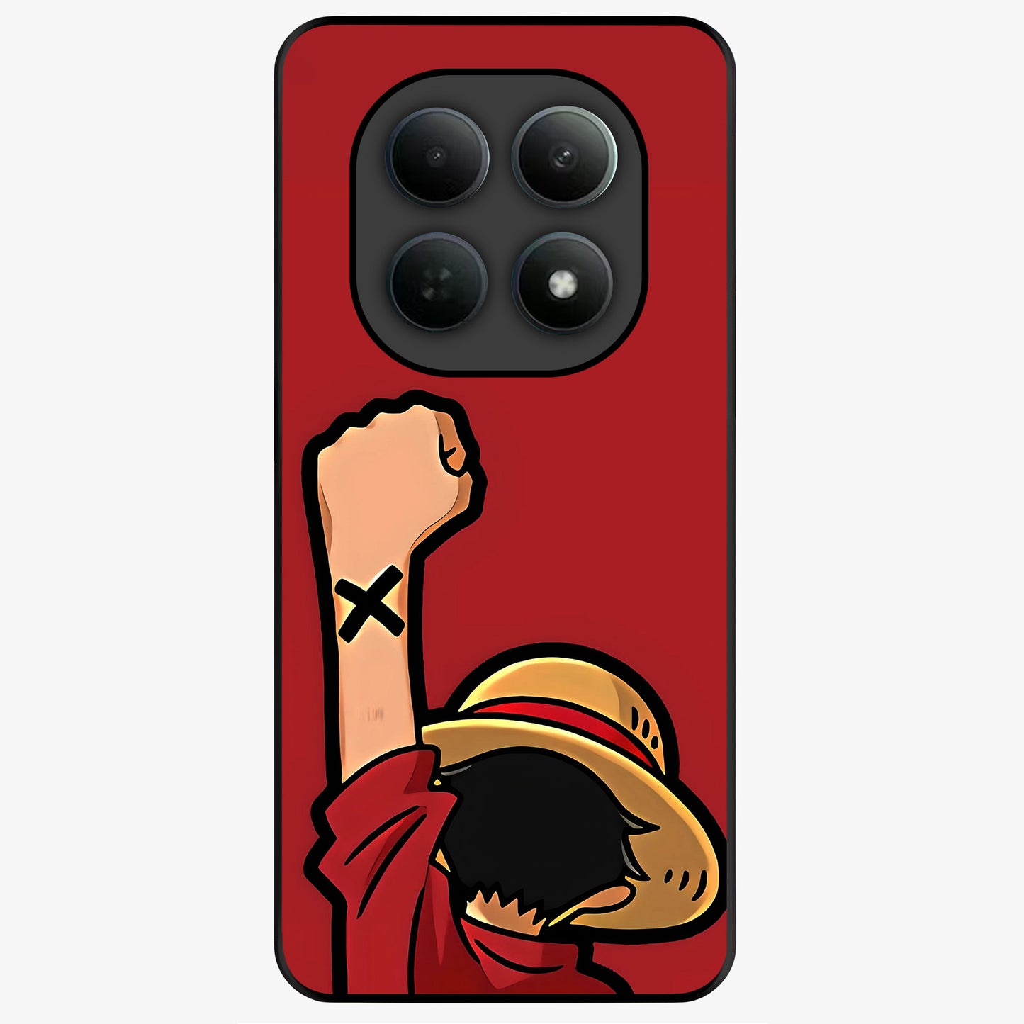 Luffy X Spirit Glass Case showing flat back view with bold anime character artwork and glossy glass finish.