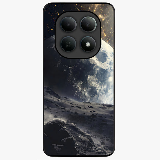 Lunar Horizon Glow Glass Case showing flat back view with glowing moon horizon artwork and glossy glass finish.