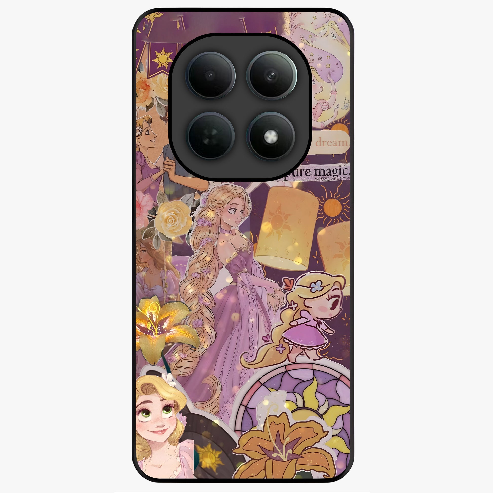 Magical Tangled Dream Glass Case showing flat back view with dreamy tangled artwork and glossy glass finish.